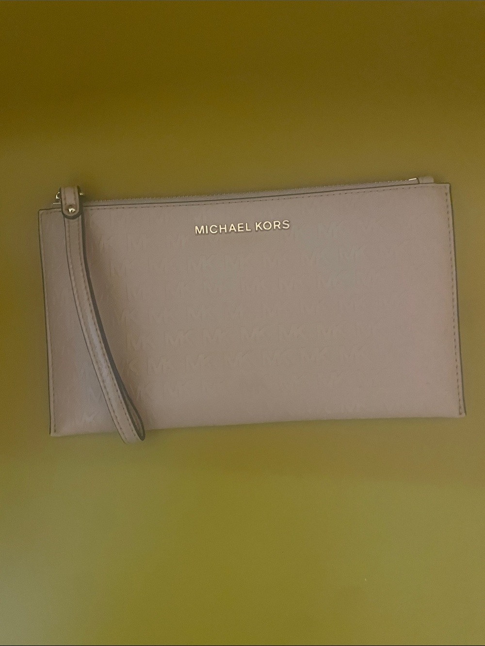 Michael Kors Light Beige Logo-Embossed Wristlet with Gold Hardware
